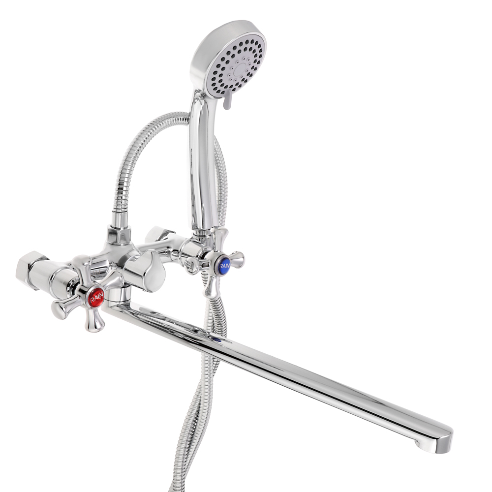 RAIN Смеситель для ванны Нефрит, прямой излив 35см, керам. кран-буксы 1/2, душ. набор, латунь, хром, арт.№ 561-310