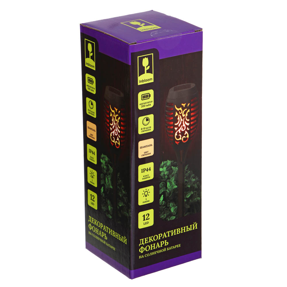 INBLOOM Фонарь садовый на солн.батарее, 50х7см, 12LED, пламя, 1x1.2V 2/3ААА 200mAh Ni-MH, PP, PS, арт.№ 475-320
