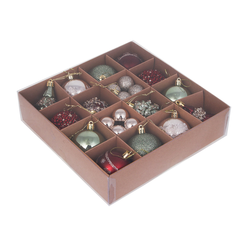 СНОУ БУМ Набор шаров и украшений, 30 шт, 3см, 6см, 8см, 9см, бордовый, фисташковый, шампань, арт.№ 309-093