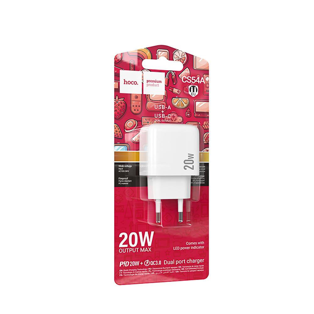 Сетевое зарядное устройство hoco. модель CS54A, USB-С PD 20W+QC3.0, цвет: белый, арт.№ 916-320