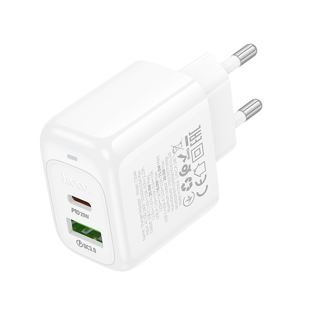 Сетевое зарядное устройство hoco. модель CS54A, USB-С PD 20W+QC3.0, цвет: белый, арт.№ 916-320