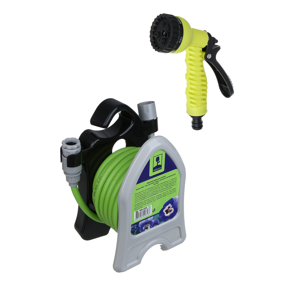 INBLOOM Набор для полива (шланг 8мм - 10м, пистолет 7 реж., катушка, коннектор 2шт) PP, PVC, арт.№ 168-039