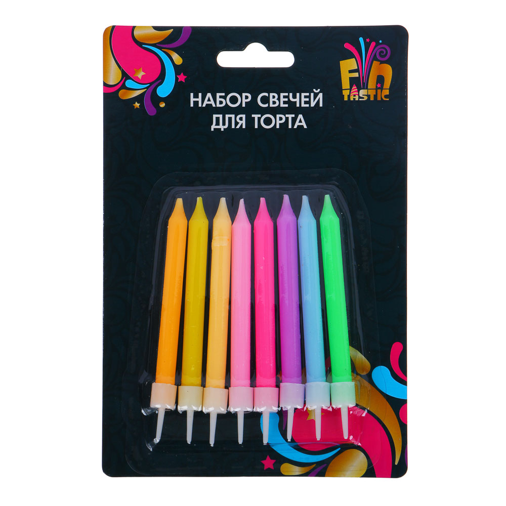 FNtastic Набор свечей для торта 8 шт с подставками, 8 см, неоновый цвет, парафин, пластик, арт.№ 506-220