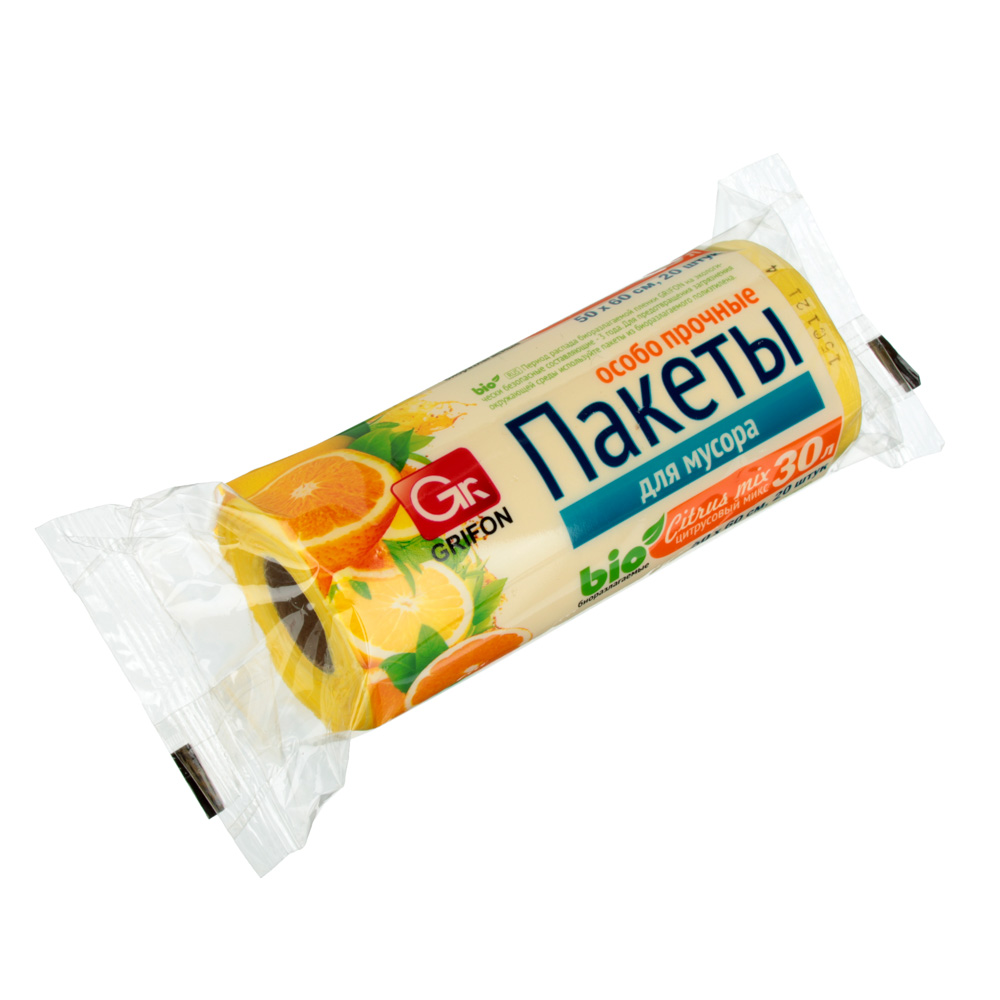 GRIFON Мешки для мусора БИО 20шт, 30л, 50х60см, особо прочные, 12 микрон, "Цитрусовый микс", 100-033, арт.№ 449-002