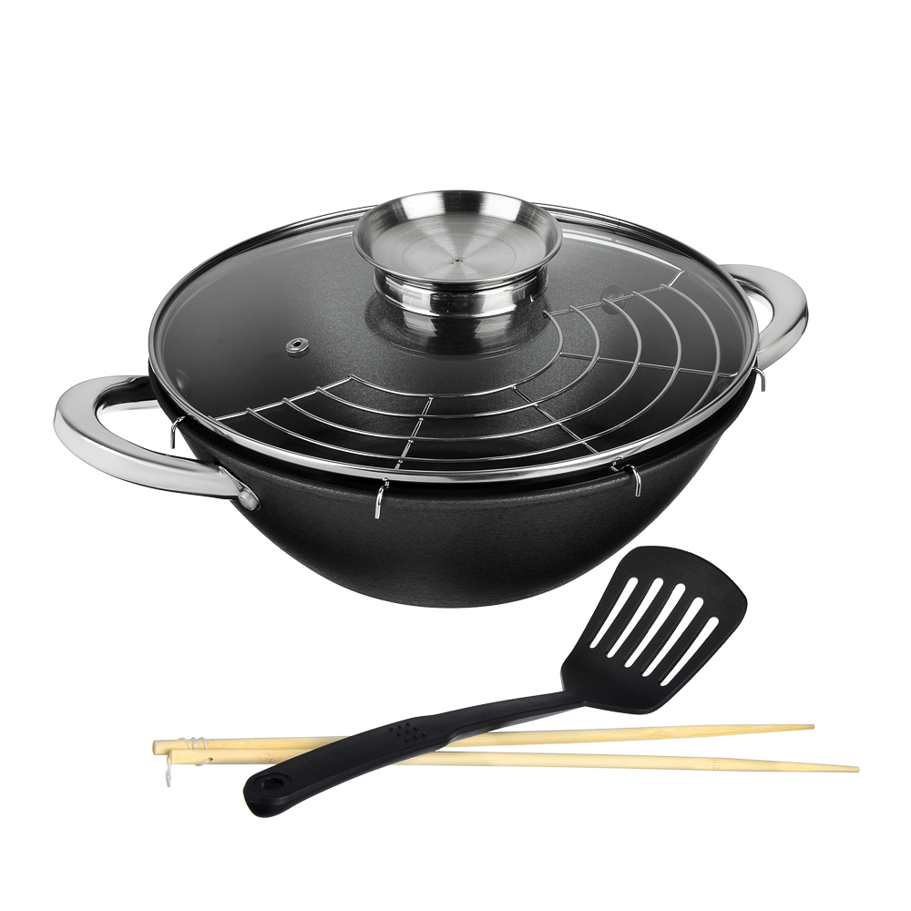 SATOSHI Казан чугун,26см,3л,антипр.покр,решетка,стекл.крыш,нейлон.лопатка,бамб.палочки,индукция, арт.№ 808-029