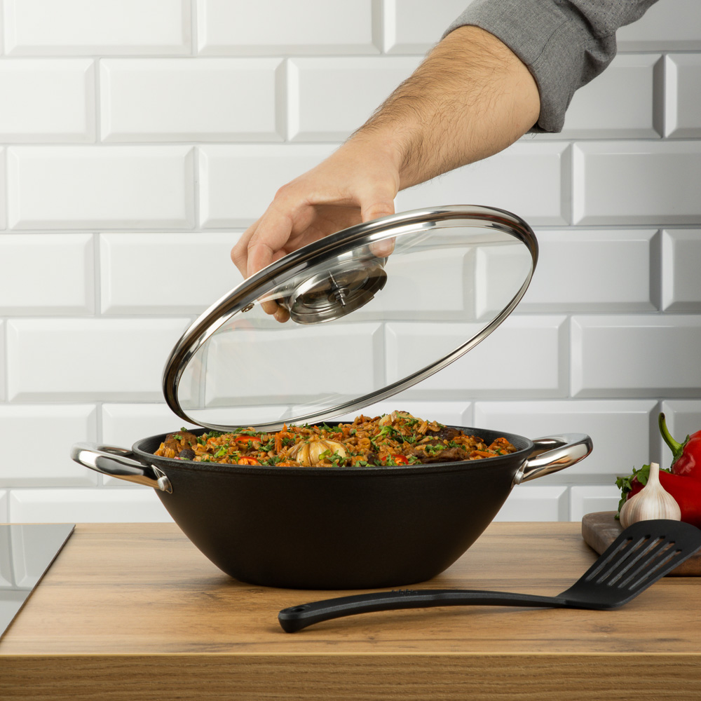 SATOSHI Казан чугун,26см,3л,антипр.покр,решетка,стекл.крыш,нейлон.лопатка,бамб.палочки,индукция, арт.№ 808-029