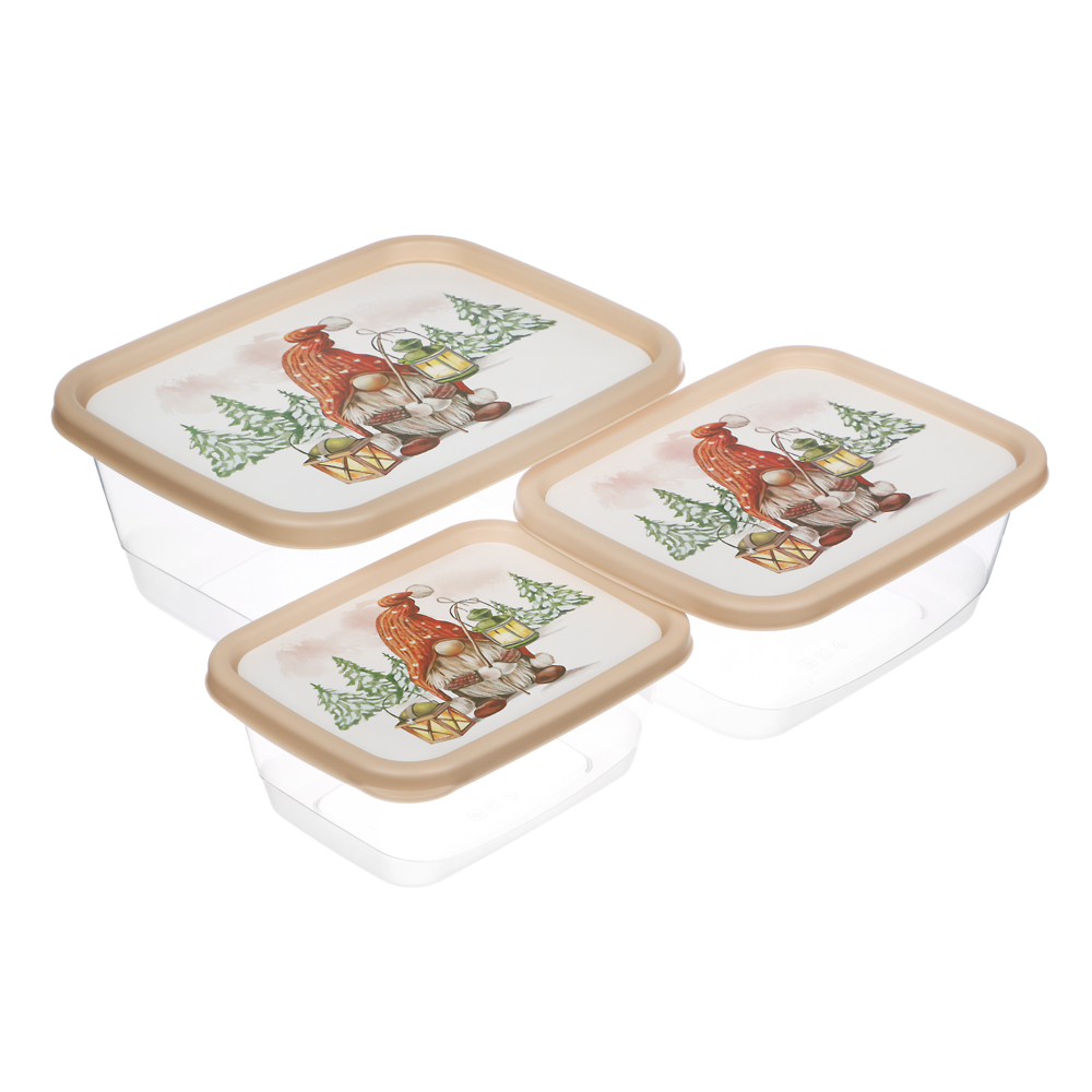 Шишки, Гном Набор контейнеров для продуктов прямоугольных 3шт (0,5л+0,85л+1,5л), пластик, 2 дизайна, арт.№ 861-469