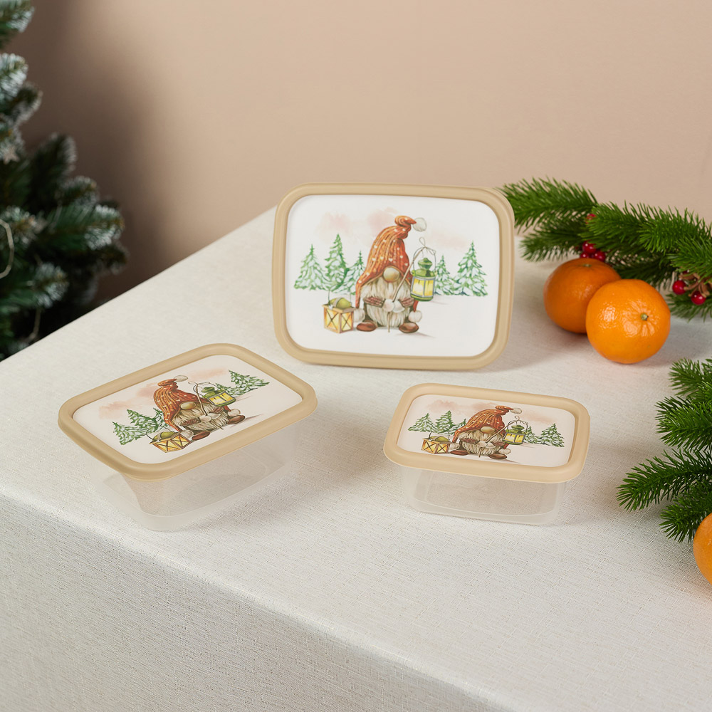 Шишки, Гном Набор контейнеров для продуктов прямоугольных 3шт (0,5л+0,85л+1,5л), пластик, 2 дизайна, арт.№ 861-469