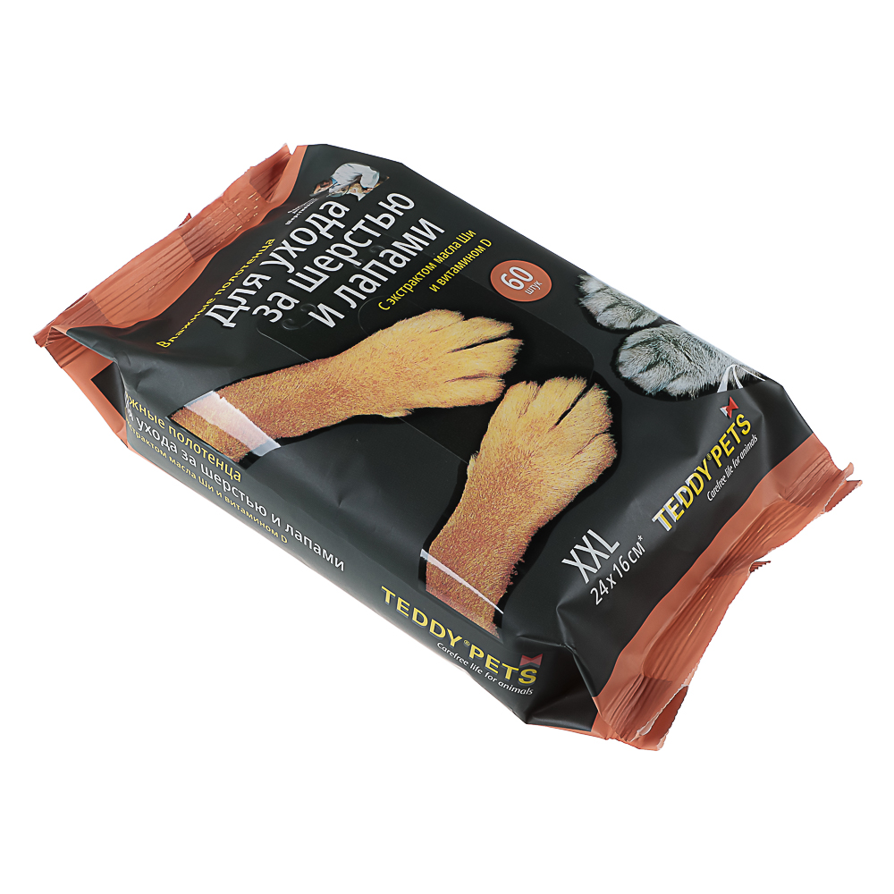 Влажные полотенца для шерсти и лап с маслом Ши и вит. D Teddy Pets 60 шт, арт.№ 325-243