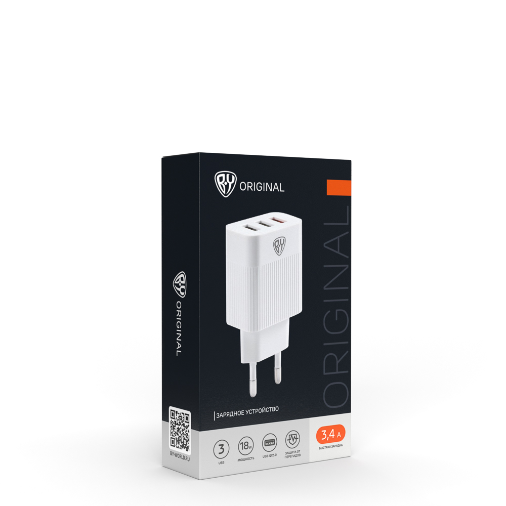 Сетевое зарядное устройство BY Максимум, Быстрая зарядка QC3.0, 3xUSB, 3.4А, белый, арт.№ 916-219