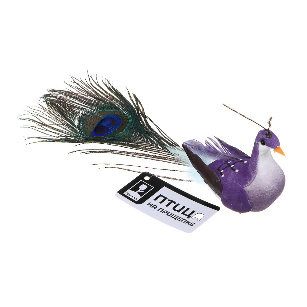 INBLOOM Птица на прищепке Павлин 18см, пенополистирол, перо, арт.№ 153-122