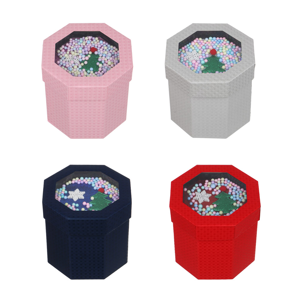 СНОУ БУМ Коробка подарочная бархатная, с ПВХ окном и декором внутри, 13x13x12,8 см, 4 цвета, арт 2, арт.№ 369-594