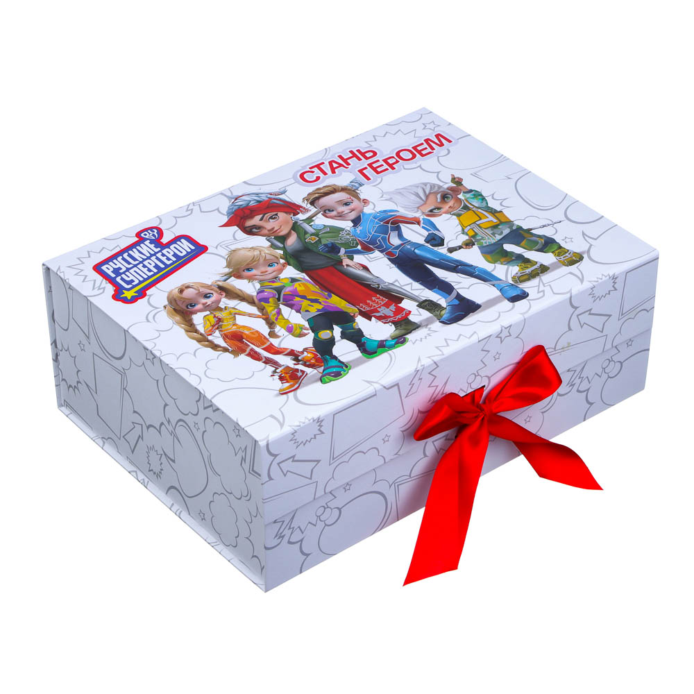 BY Коробка подарочная складная с лентой, тиснение фольгой, 33x25x12см, Стань Героем 1, арт.№ 207-072