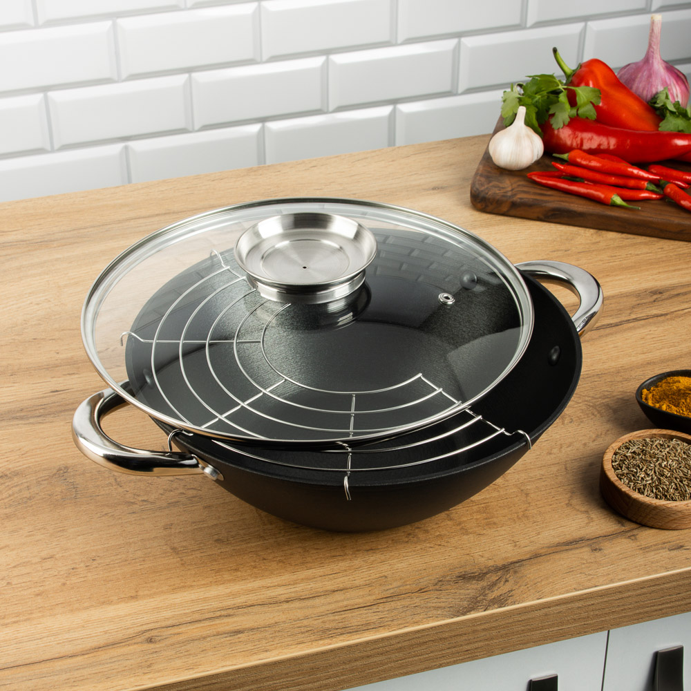 SATOSHI Казан чугун,28см,3,6л,антипр.покр,решетка,стекл.крыш,нейлон.лопатка,бамб.палочки,индукция, арт.№ 808-030