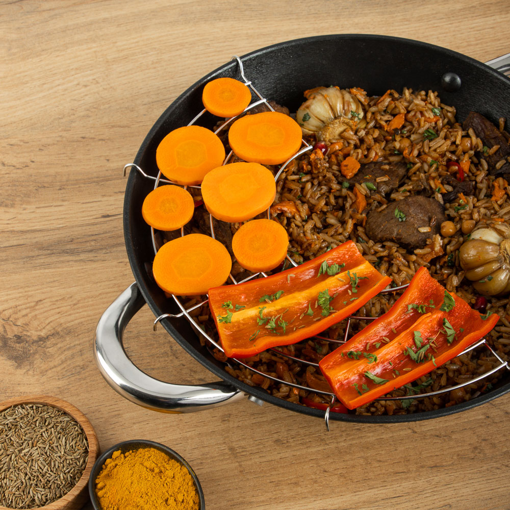 SATOSHI Казан чугун,28см,3,6л,антипр.покр,решетка,стекл.крыш,нейлон.лопатка,бамб.палочки,индукция, арт.№ 808-030