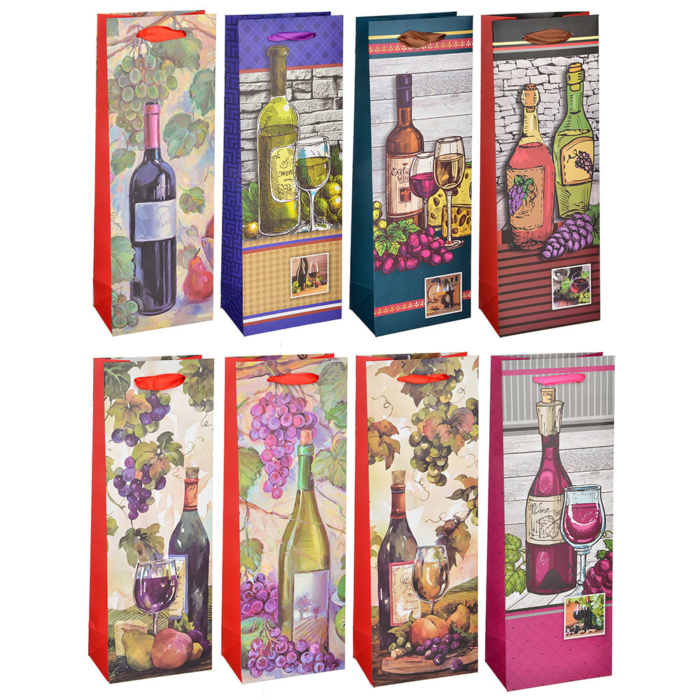 Пакет подарочный, высококачественная бумага, 12,8х36х8,4 см, 8 дизайнов с вином, арт.№ 507-978