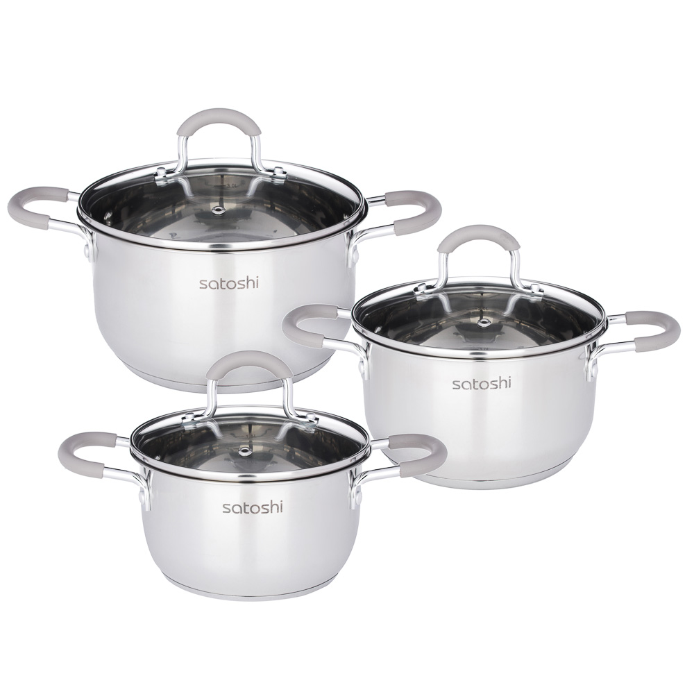 SATOSHI Альбер Набор кастрюль 6 пр.: 1,8л, 2,5л, 3,5л, бежевые силиконовые ручки, со стекл. крышкой, арт.№ 822-206