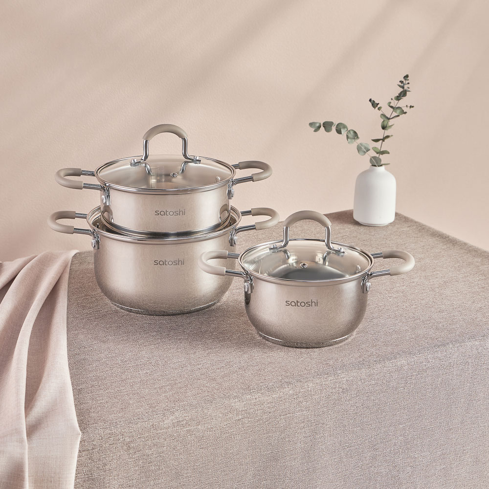 SATOSHI Альбер Набор кастрюль 6 пр.: 1,8л, 2,5л, 3,5л, бежевые силиконовые ручки, со стекл. крышкой, арт.№ 822-206
