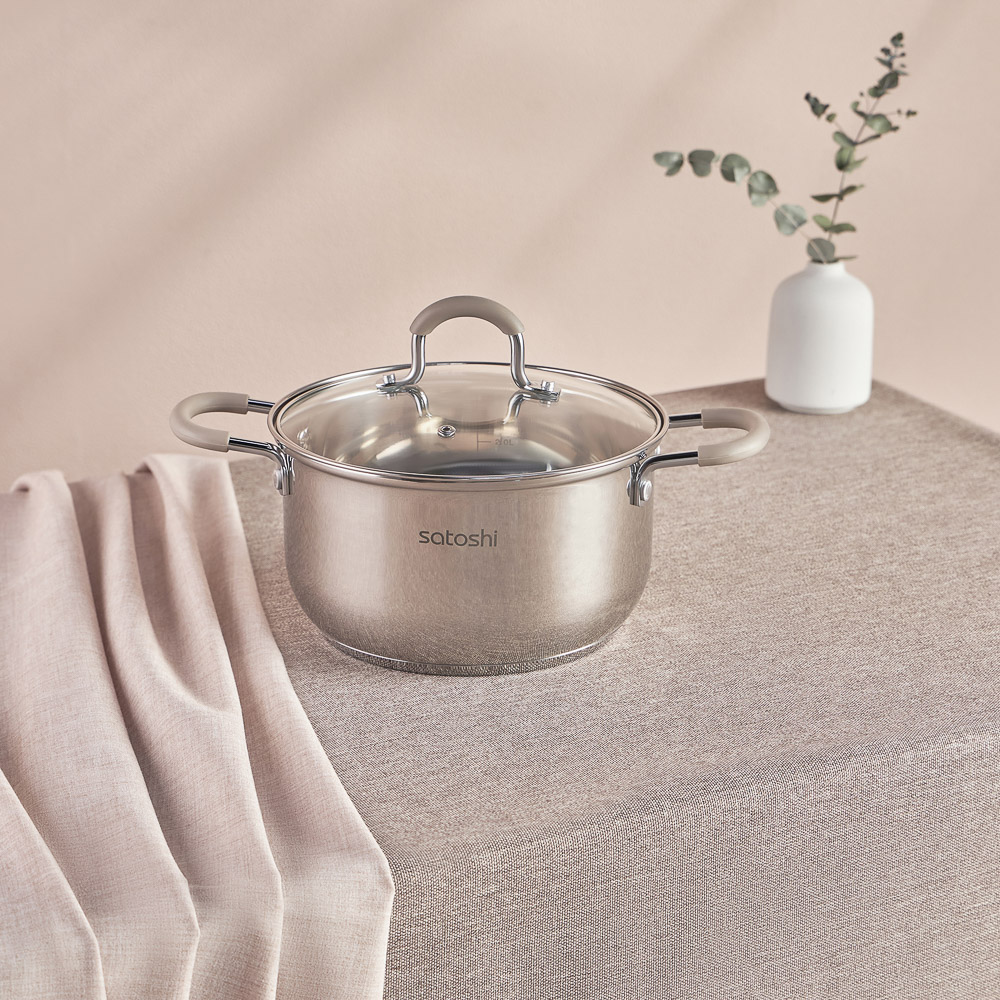 SATOSHI Альбер Набор кастрюль 6 пр.: 1,8л, 2,5л, 3,5л, бежевые силиконовые ручки, со стекл. крышкой, арт.№ 822-206