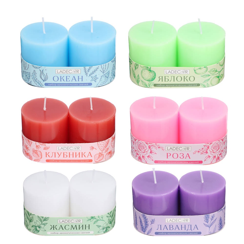 LADECOR Набор свечей, 2 шт, 5x5 см, парафин, 6 цветов, арт.№ 508-849