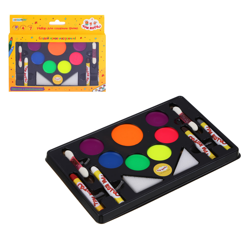 ХОББИХИТ Набор грима "ТРИ КОТА", 11 цветов, апплик. в комплекте, 19х16см, масляный грим, пластик, арт.№ 284-298