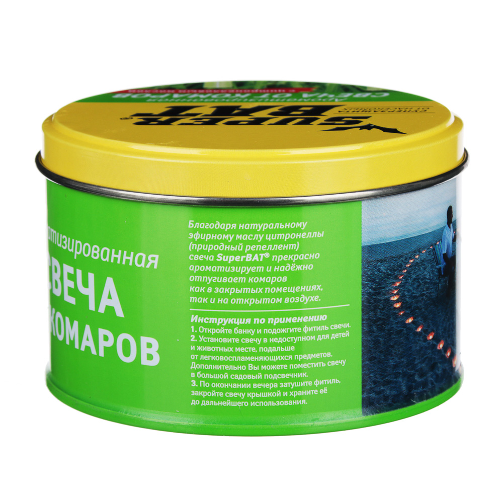 Свеча ароматизированная от комаров, на масле цитронеллы, SuperBAT, банка 250г, арт.№ 919-002