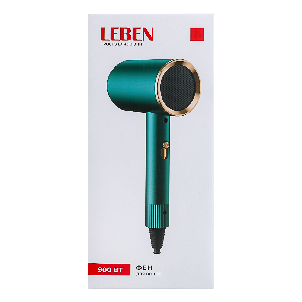 LEBEN Фен для волос, 900Вт, 2 скорости, 3 температуры, 220-240В, зеленый, арт.№ 259-214