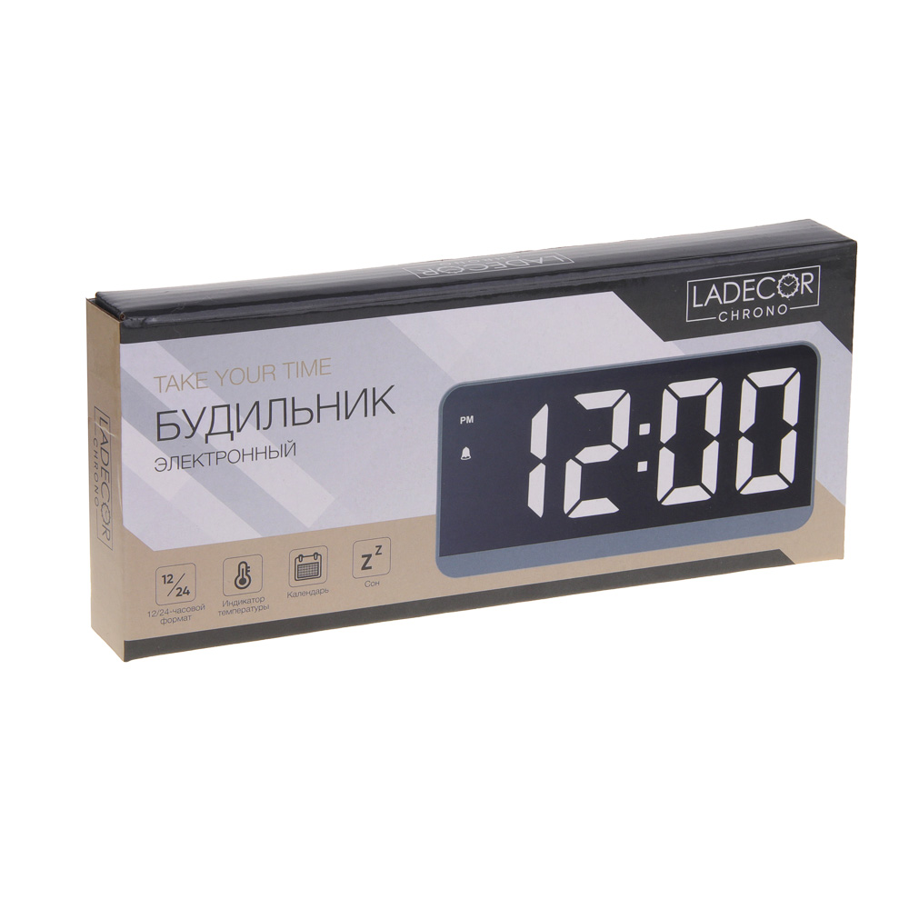 LADECOR CHRONO Будильник электронный, 16,5x1,5x8 см, АВС пластик, 3xAАA, оправа цвет серебро, арт.№ 529-308
