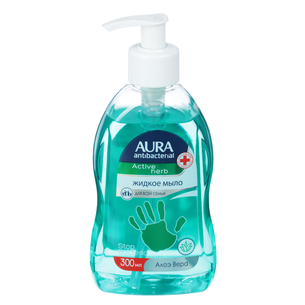 Мыло жидкое AURA с антибактериальным эффектом, алоэ вера, п/б, дозатор, 300мл, арт.№ 952-041
