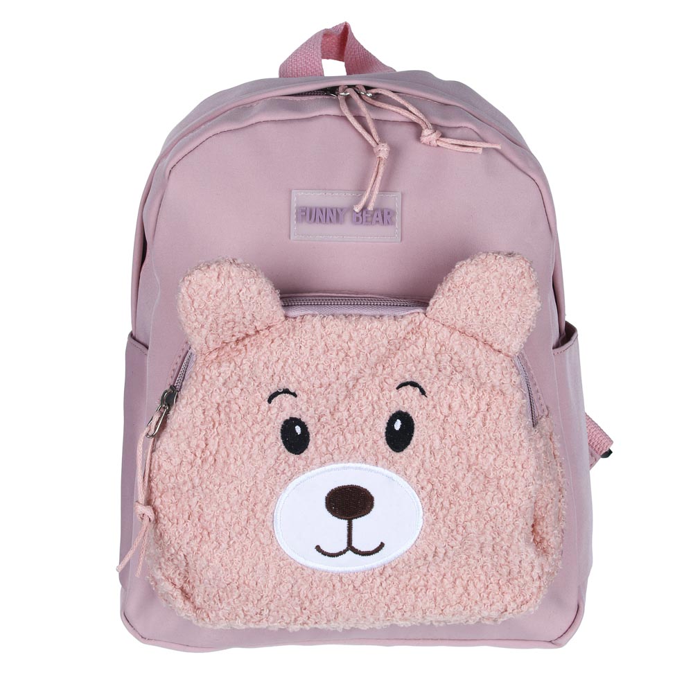 Мини-рюкзак 30,5x24x10см, 1 отд., 2 карм., декор "мишка", значок, нейлон, плюш, розовый, арт.№ 254-729