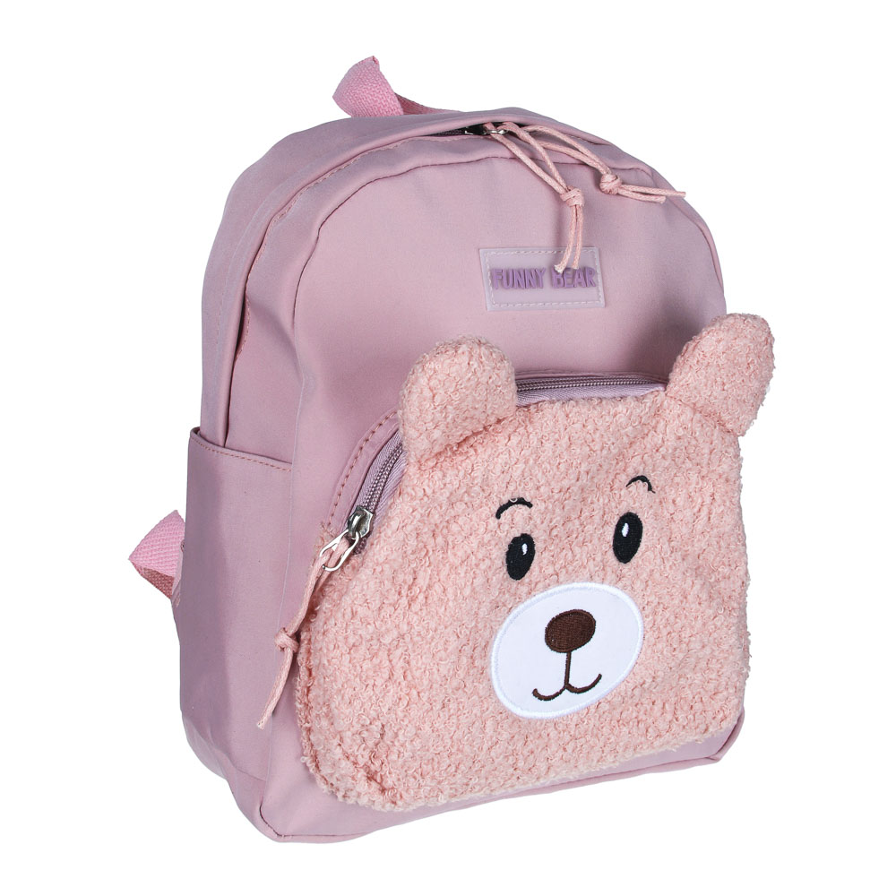 Мини-рюкзак 30,5x24x10см, 1 отд., 2 карм., декор "мишка", значок, нейлон, плюш, розовый, арт.№ 254-729