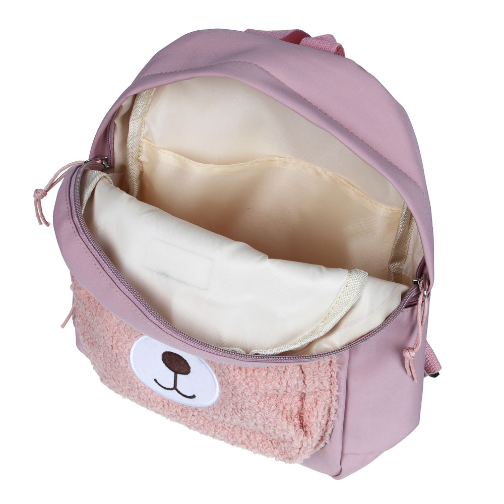 Мини-рюкзак 30,5x24x10см, 1 отд., 2 карм., декор "мишка", значок, нейлон, плюш, розовый, арт.№ 254-729