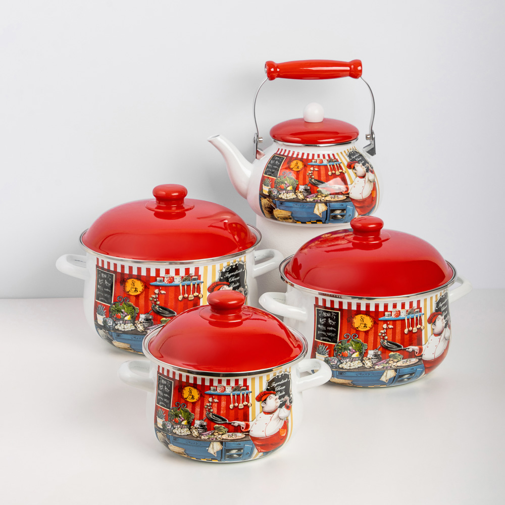 VETTA Повар Набор эмал. посуды 8пр.: кастр.+крышки 2л;3,6л;5л; чайник 2,5л., арт.№ 894-006