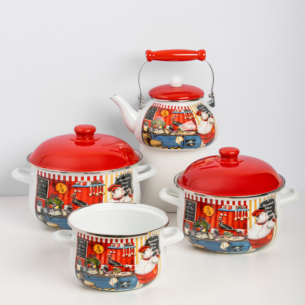 VETTA Повар Набор эмал. посуды 8пр.: кастр.+крышки 2л;3,6л;5л; чайник 2,5л., арт.№ 894-006
