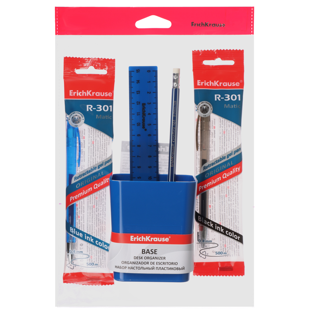 Erich Krause Набор канцелярский, 5 предметов: 2 ручки, карандаш, линейка, пл.стакан, 55687, 55688, арт.№ 234-066