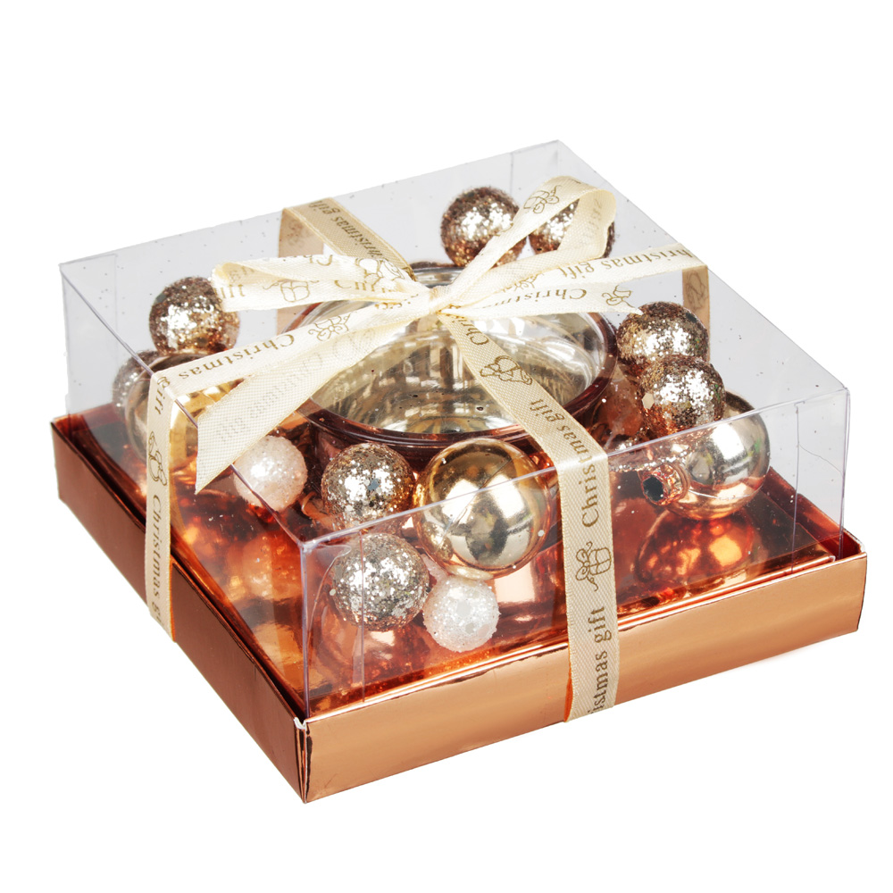 Подсвечник с бусами в подарочной упаковке, стекло с гальваникой, 11,3x11,3x5,5см, арт.№ 477-029