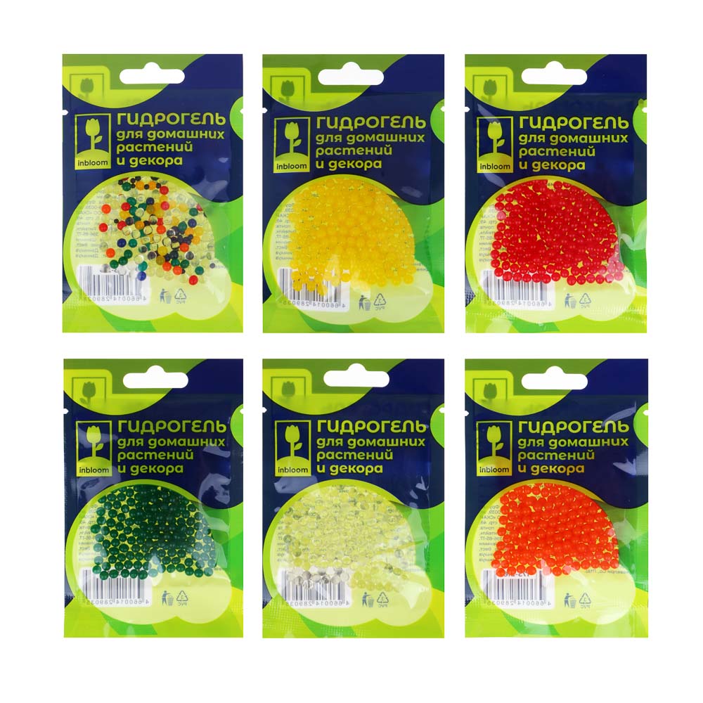 INBLOOM Гидрогель для домашних растений и декора "Шарики", полимерный материал, 6 цветов, арт.№ 173-216