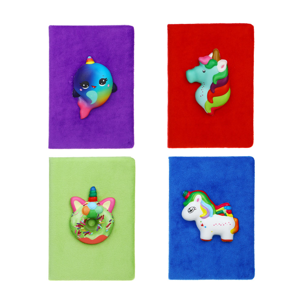 Записная книжка А5, 21,5х15см, 80 листов, "Единороги", флис, мялка - сквиш, 4 дизайна, арт.№ 557-074