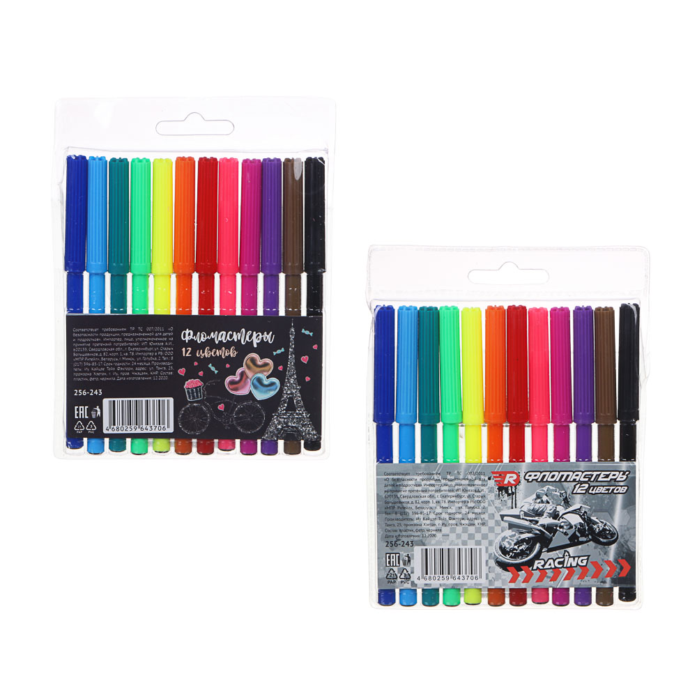 Френч Новел / Спорт Эффект Фломастеры 12 цветов с цветным вентилируемым колпачком, в ПВХ пенале, арт.№ 256-243