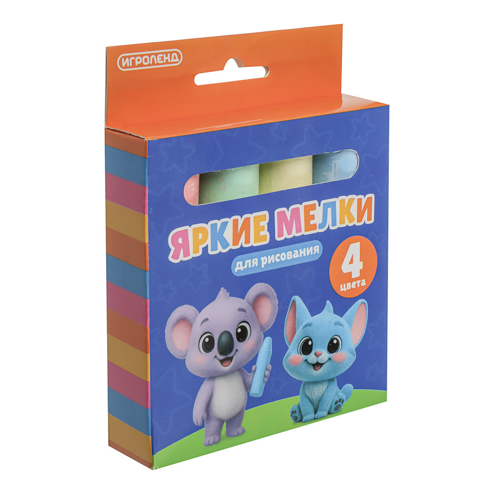 ИГРОЛЕНД Мелки для рисования на асфальте, цветные 4 шт, мел, 13х9,5х2,5см, арт.№ 284-254