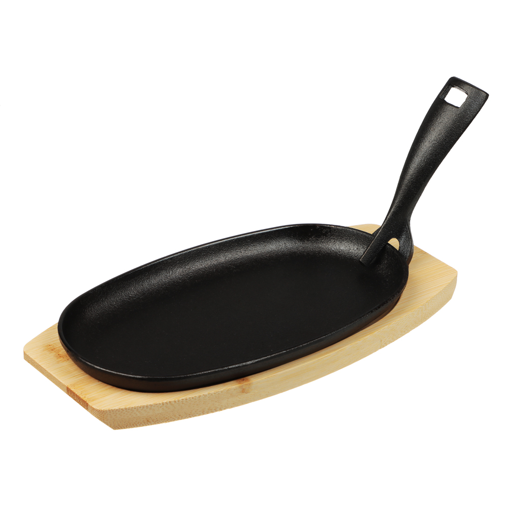 SATOSHI Сковорода на подставке из бамбука чугун, овальная, со съемной ручкой, 24х13.5см, индукция, арт.№ 808-042