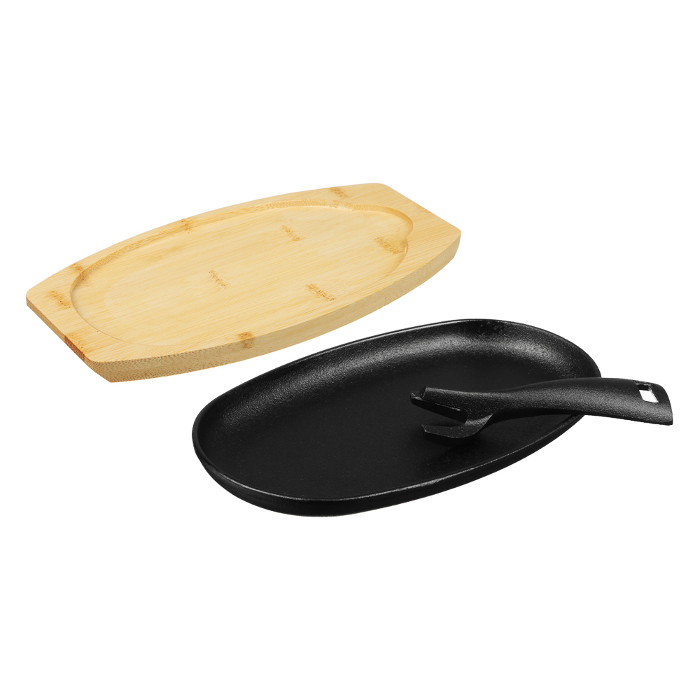 SATOSHI Сковорода на подставке из бамбука чугун, овальная, со съемной ручкой, 24х13.5см, индукция, арт.№ 808-042