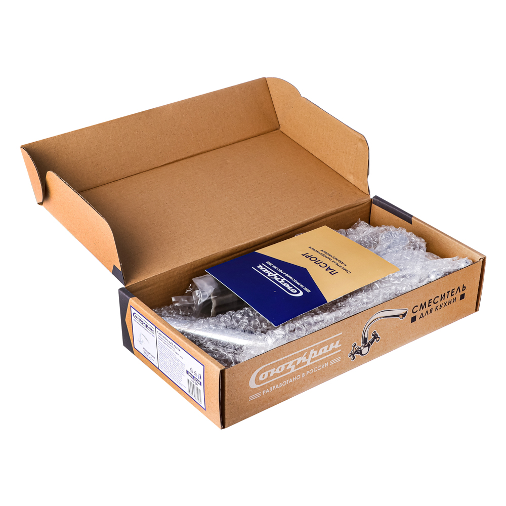 СоюзКран Смеситель для кухни, поворотный излив 25см, керам. кран-буксы 1/2, хром, цинк, SK01-G208, арт.№ 566-391