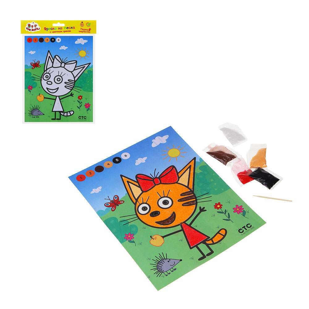 ХОББИХИТ Фреска из песка с цветным фоном "Три кота", бумага, песок 5-8цв., 21х27см, 8 дизайнов, арт.№ 287-386