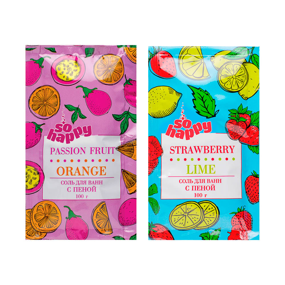Соль для ванн с пеной SOHappy Клубника лайм+шоколад мята/клубника лайм+апельсин маракуйя,100г, арт.№ 953-042