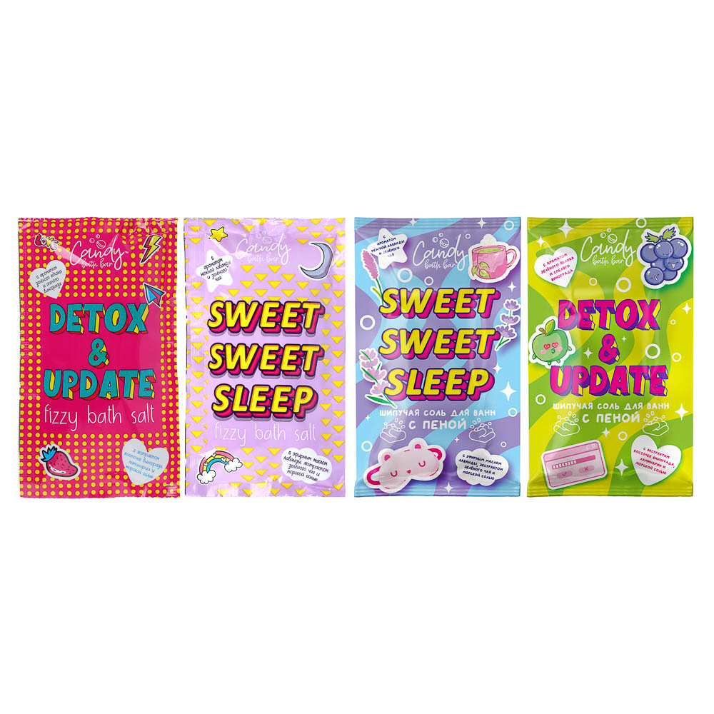 Соль для ванн двухцветная шипучая Candy bath bar "Detox & Update"/"Sweet Sweet Sleep", 100г, арт.№ 953-043