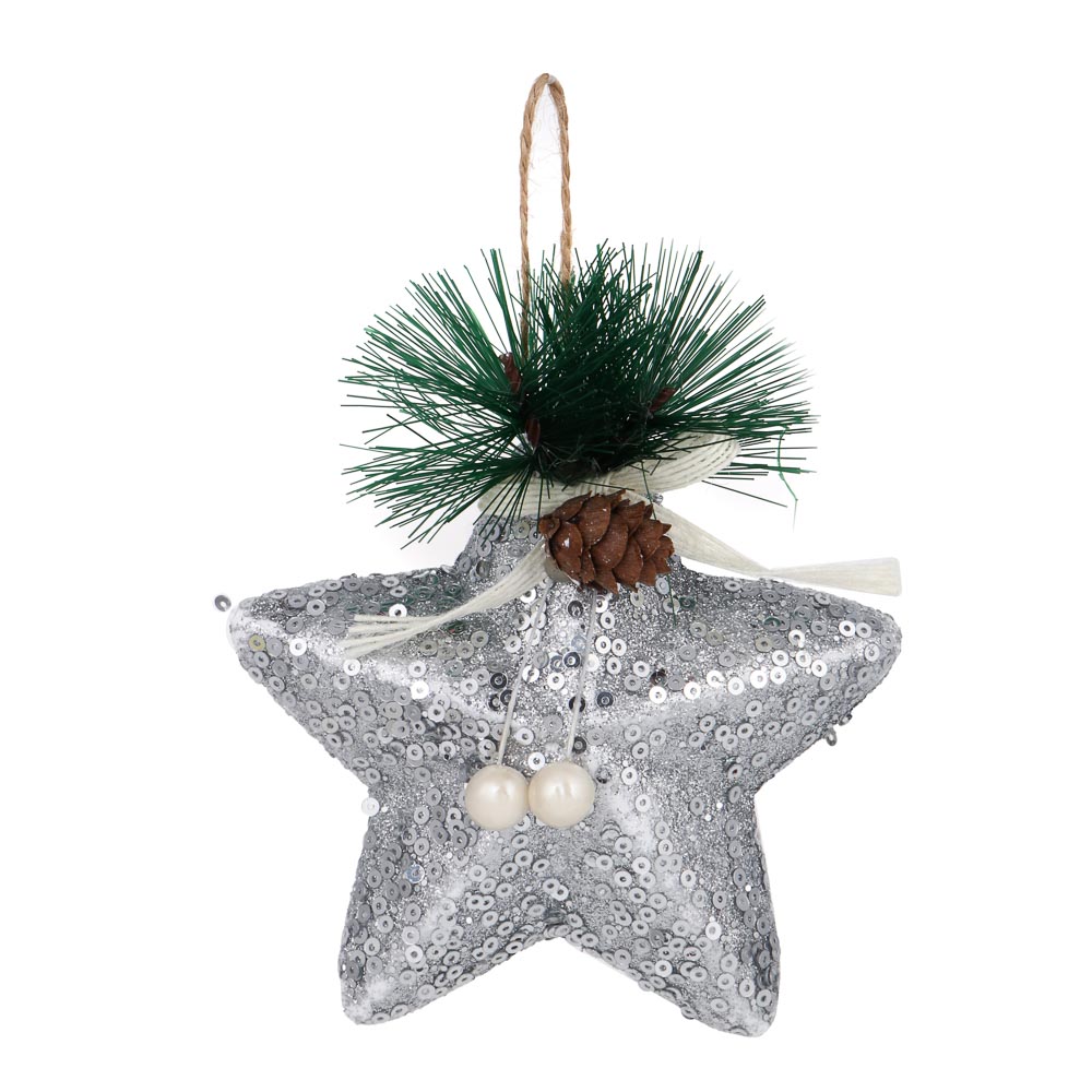 СНОУ БУМ Украшение в виде звезды в пайетках и с глиттером с хвойным декором, 11*11 см, цвет серебро, арт.№ 376-795