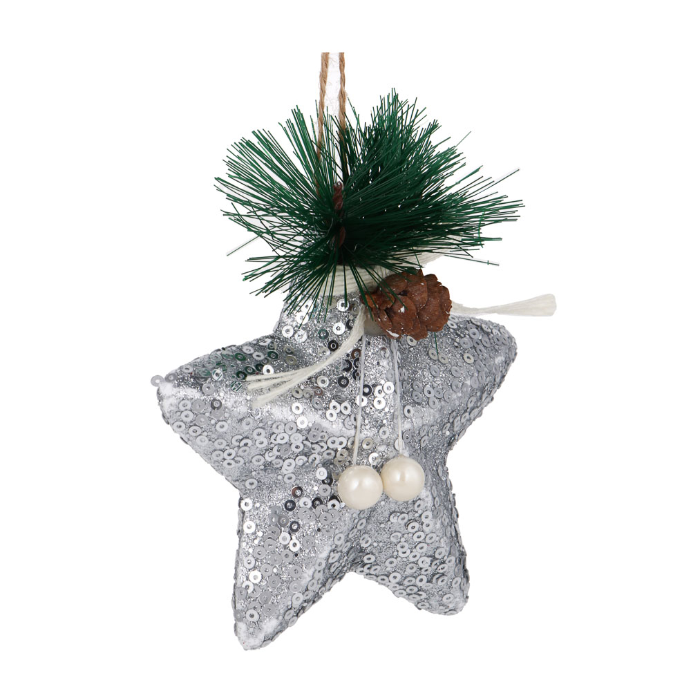 СНОУ БУМ Украшение в виде звезды в пайетках и с глиттером с хвойным декором, 11*11 см, цвет серебро, арт.№ 376-795