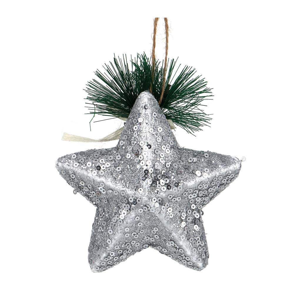 СНОУ БУМ Украшение в виде звезды в пайетках и с глиттером с хвойным декором, 11*11 см, цвет серебро, арт.№ 376-795