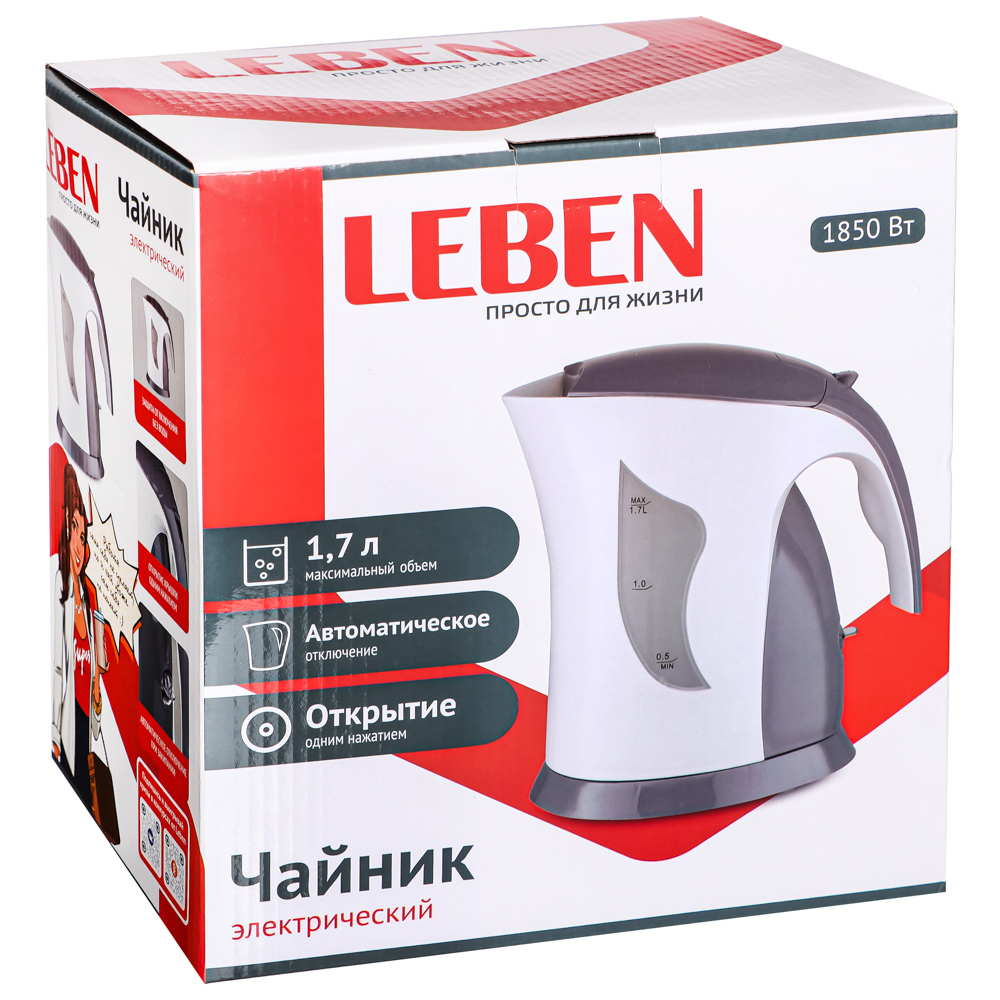 LEBEN Чайник электрический 1,7л, 1850Вт, спиральный нагр.элемент, арт.№ 291-869